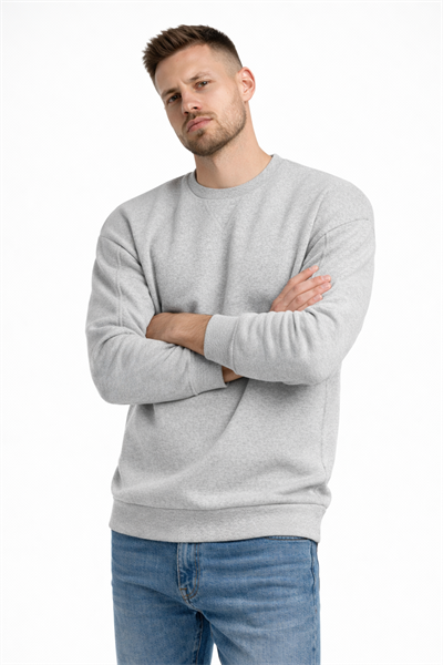 Erkek Gri 3 İplik Şardonlu Kalın Basic Bisiklet Yaka Oversize Sweatshirt