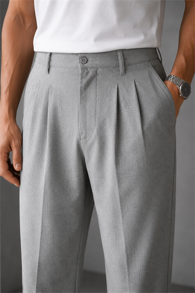 Erkek Gri Baggy Fit Pileli Kumaş Pantolon