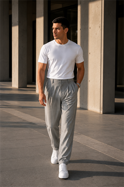 Erkek Gri Baggy Fit Pileli Kumaş Pantolon