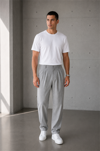 Erkek Gri Baggy Fit Pileli Kumaş Pantolon