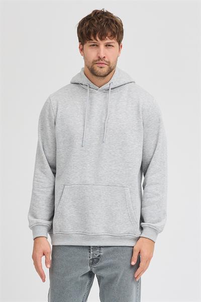 Erkek Gri Melanj Standart Fit Normal Kesim Içi Polarlı 3 Iplik Kapüşonlu Pamuklu Sweatshirt