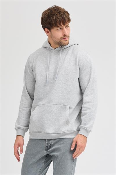 Erkek Gri Melanj Standart Fit Normal Kesim Içi Polarlı 3 Iplik Kapüşonlu Pamuklu Sweatshirt