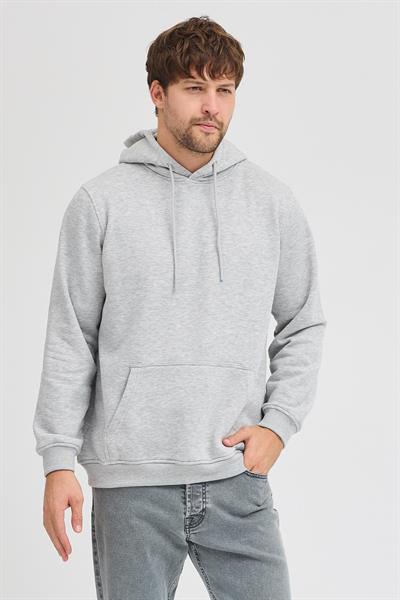 Erkek Gri Melanj Standart Fit Normal Kesim Içi Polarlı 3 Iplik Kapüşonlu Pamuklu Sweatshirt