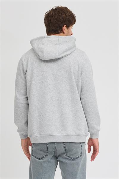 Erkek Gri Melanj Standart Fit Normal Kesim Içi Polarlı 3 Iplik Kapüşonlu Pamuklu Sweatshirt