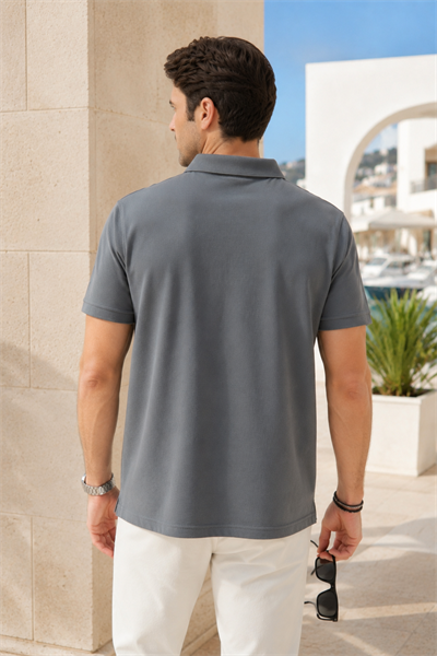 Erkek Gri Polo Yaka Nakışlı Pike T-Shirt