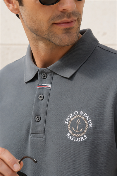 Erkek Gri Polo Yaka Nakışlı Pike T-Shirt