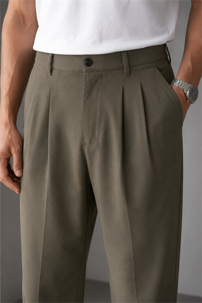 Erkek Haki Baggy Fit Pileli Kumaş Pantolon