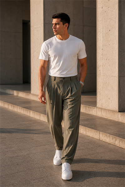 Erkek Haki Baggy Fit Pileli Kumaş Pantolon