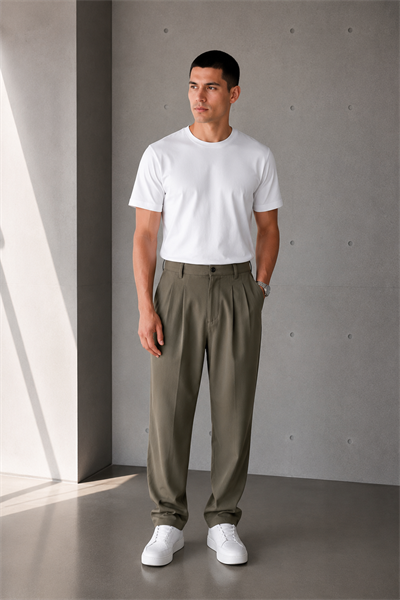 Erkek Haki Baggy Fit Pileli Kumaş Pantolon