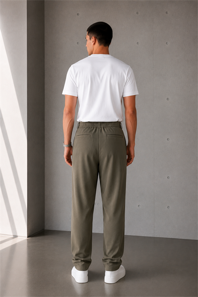 Erkek Haki Baggy Fit Pileli Kumaş Pantolon