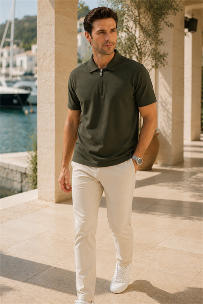 Erkek Haki Relax Fit Fermuarlı Polo Yaka %100 Pamuk Tişört