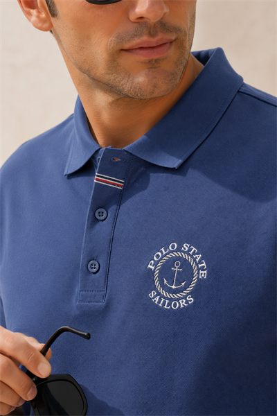 Erkek İndigo Polo Yaka Nakışlı Pike T-Shirt