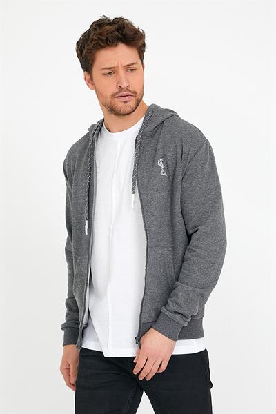 Erkek 3 İplik Pamuklu Regular Fit Nakışlı Fermuarlı Kapüşonlu Cepli Antrasit Sweatshirt