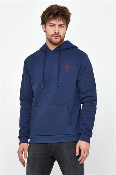 Erkek İskelet Nakışlı 3 İplik Kapüşonlu Sweatshirt İndigo