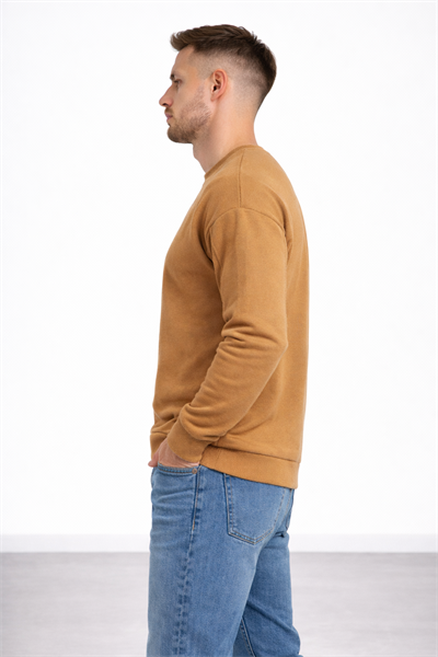 Erkek Kahverengi 3 İplik Şardonlu Kalın Basic Bisiklet Yaka Oversize Sweatshirt