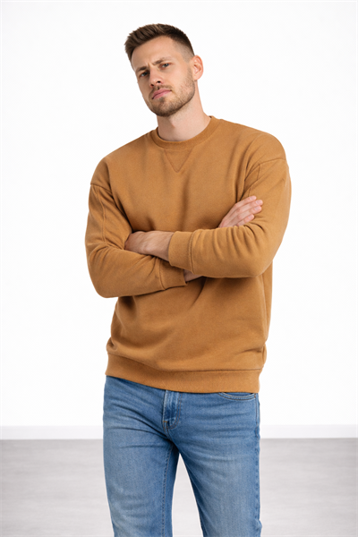 Erkek Kahverengi 3 İplik Şardonlu Kalın Basic Bisiklet Yaka Oversize Sweatshirt