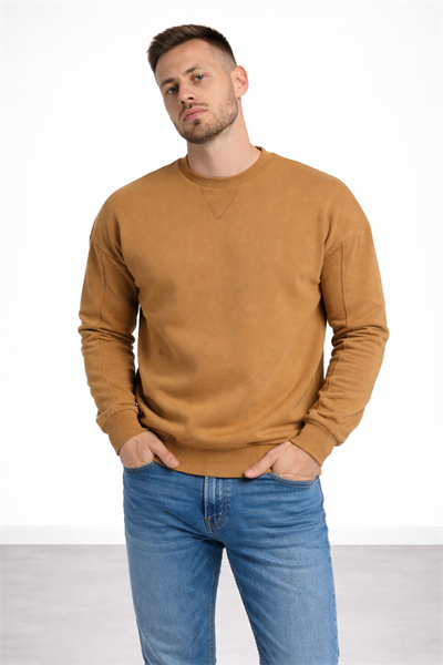 Erkek Kahverengi 3 İplik Şardonlu Kalın Basic Bisiklet Yaka Oversize Sweatshirt