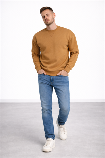 Erkek Kahverengi 3 İplik Şardonlu Kalın Basic Bisiklet Yaka Oversize Sweatshirt