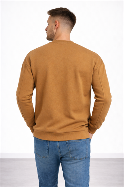 Erkek Kahverengi 3 İplik Şardonlu Kalın Basic Bisiklet Yaka Oversize Sweatshirt