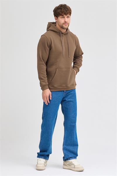 Erkek Kahverengi Standart Fit Normal Kesim Içi Polarlı 3 Iplik Kapüşonlu Pamuklu Sweatshirt