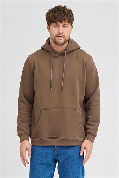 Erkek Kahverengi Standart Fit Normal Kesim Içi Polarlı 3 Iplik Kapüşonlu Pamuklu Sweatshirt