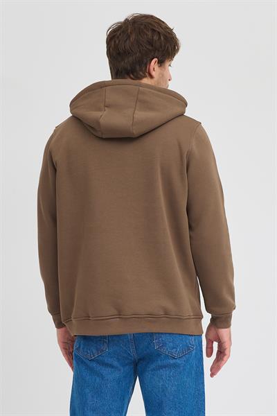 Erkek Kahverengi Standart Fit Normal Kesim Içi Polarlı 3 Iplik Kapüşonlu Pamuklu Sweatshirt
