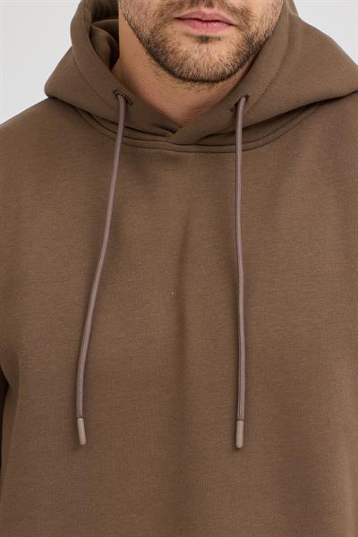 Erkek Kahverengi Standart Fit Normal Kesim Içi Polarlı 3 Iplik Kapüşonlu Pamuklu Sweatshirt