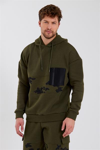 Erkek 3 İplik Pamuklu İçi Polarlı Oversize Göğüs Cepli Kapuşonlu Haki Sweatshirt