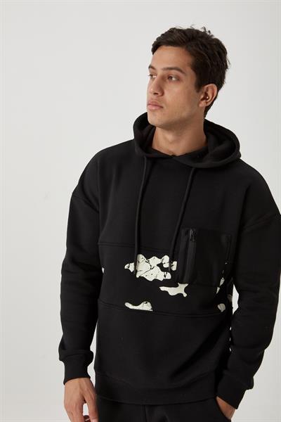 Erkek 3 İplik Pamuklu İçi Polarlı Oversize Göğüs Cepli Kapuşonlu Siyah Sweatshirt