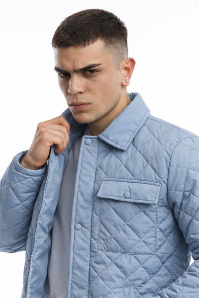 Erkek Kapitone Baklava Desenli Slim Fit Mavi Mont Ceket