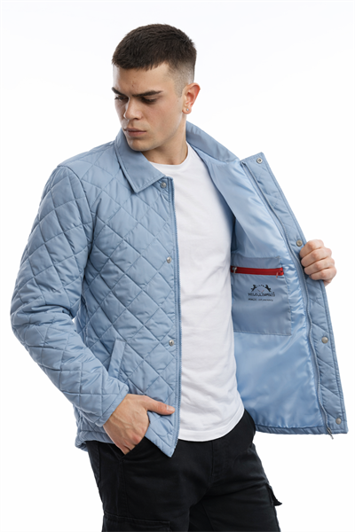 Erkek Kapitone Baklava Desenli Slim Fit Mavi Mont Ceket
