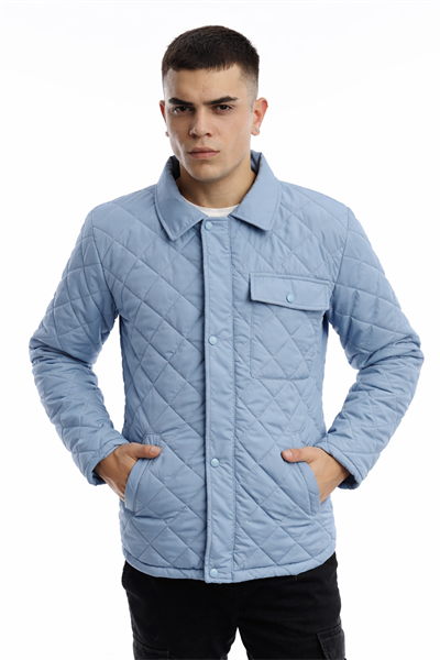Erkek Kapitone Baklava Desenli Slim Fit Mavi Mont Ceket