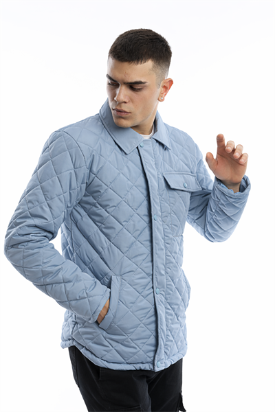 Erkek Kapitone Baklava Desenli Slim Fit Mavi Mont Ceket