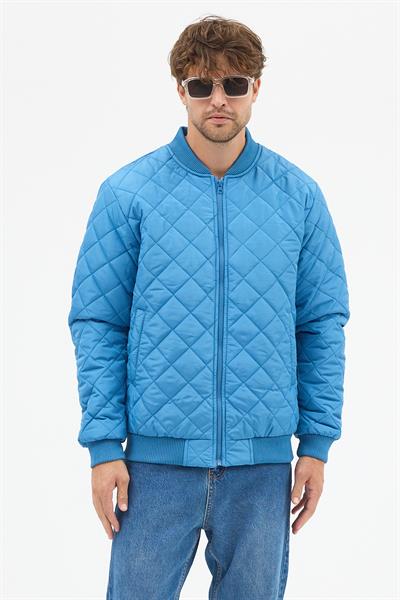 Erkek Kapitone Slim Fit Baklava Desenli Mont Ceket Mavi
