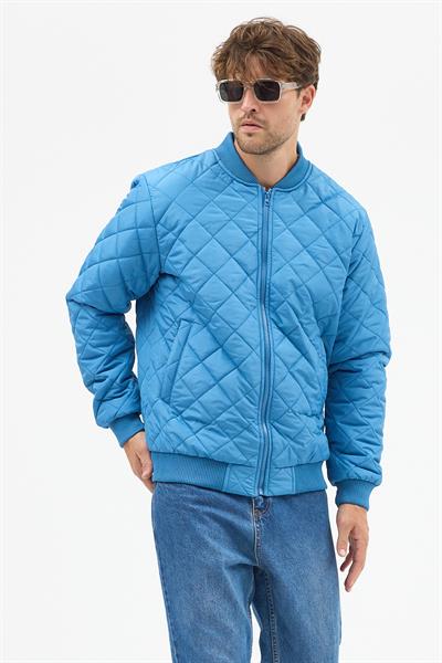 Erkek Kapitone Slim Fit Baklava Desenli Mont Ceket Mavi