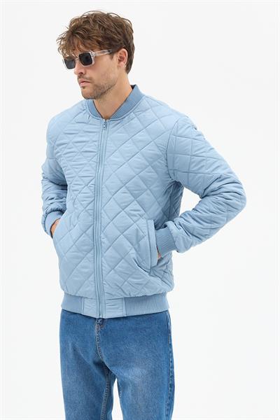 Erkek Kapitone Slim Fit Baklava Desenli Mont Ceket Buz Mavi