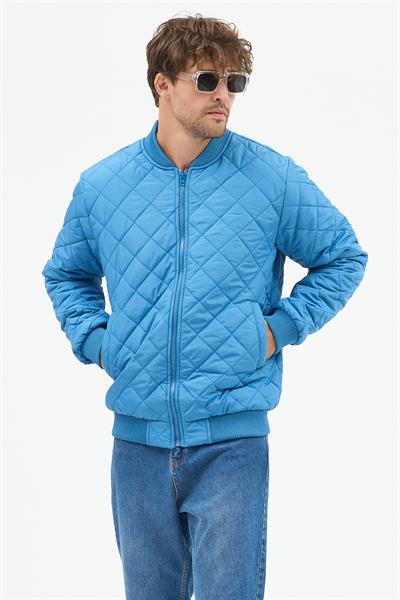 Erkek Kapitone Slim Fit Baklava Desenli Mont Ceket Mavi