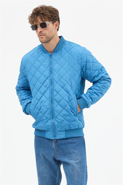 Erkek Kapitone Slim Fit Baklava Desenli Mont Ceket Mavi