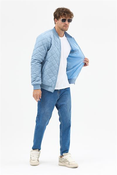 Erkek Kapitone Slim Fit Baklava Desenli Mont Ceket Buz Mavi