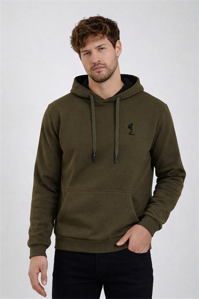 Erkek Kapüşonlu 3 İplik İçi Şardonlu Nakışlı Haki Sweatshirt