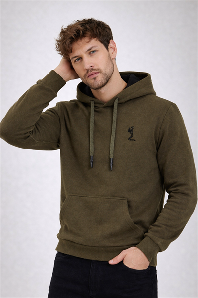 Erkek Kapüşonlu 3 İplik İçi Şardonlu Nakışlı Haki Sweatshirt