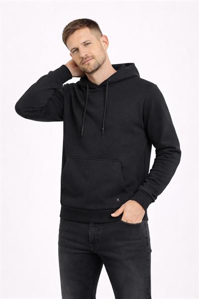 Erkek Kapüşonlu 3 İplik İçi Şardonlu Nakışlı Sweatshirt Siyah