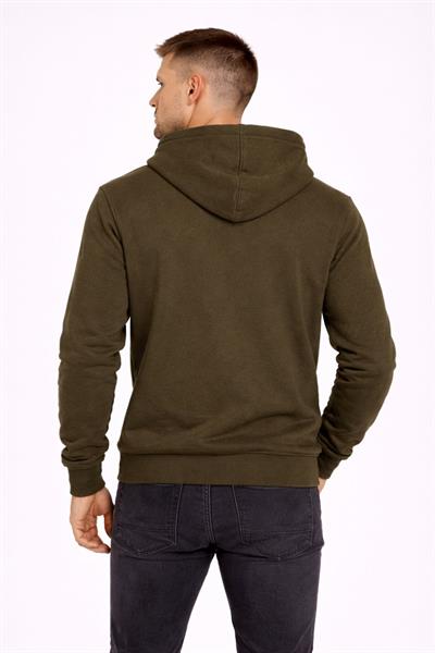 Erkek Kapüşonlu 3 İplik İçi Şardonlu Nakışlı Sweatshirt Haki
