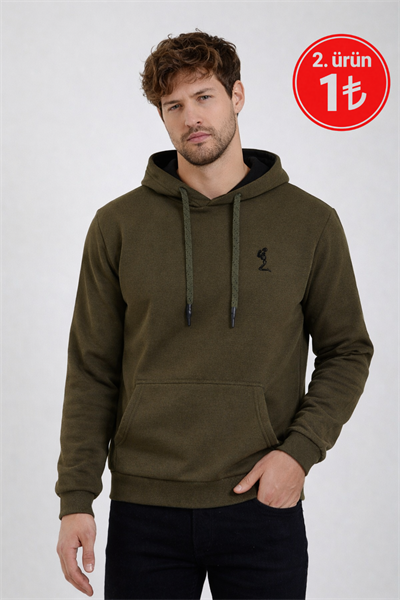Erkek Kapüşonlu 3 İplik İçi Şardonlu Nakışlı Haki Sweatshirt