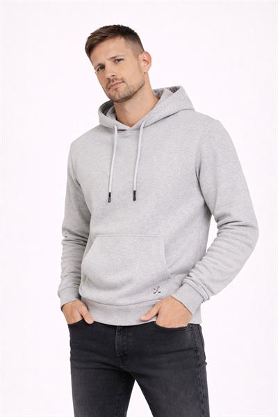 Erkek Kapüşonlu 3 İplik İçi Şardonlu Nakışlı Sweatshirt Gri