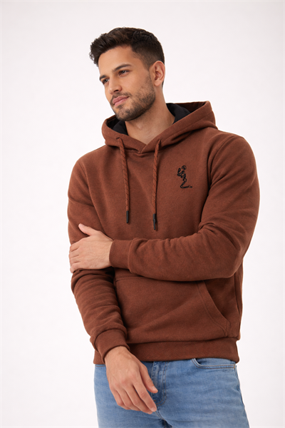 Erkek Kapüşonlu 3 İplik İçi Şardonlu Nakışlı Kahverengi Sweatshirt