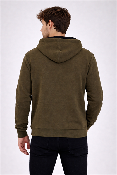 Erkek Kapüşonlu 3 İplik İçi Şardonlu Nakışlı Haki Sweatshirt