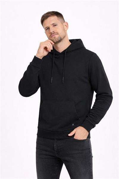 Erkek Kapüşonlu 3 İplik İçi Şardonlu Nakışlı Sweatshirt Siyah