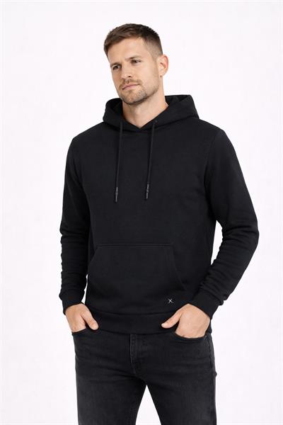 Erkek Kapüşonlu 3 İplik İçi Şardonlu Nakışlı Sweatshirt Siyah