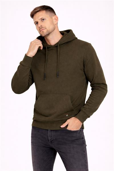 Erkek Kapüşonlu 3 İplik İçi Şardonlu Nakışlı Sweatshirt Haki